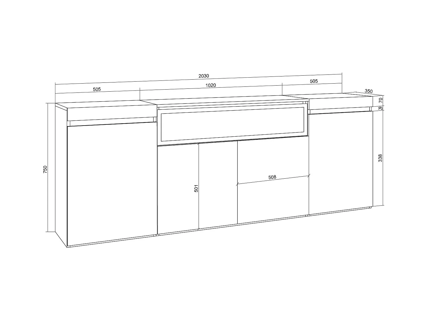 Buffet salon et cuisine, 200x35x75cm, 4 Portes, Cheminée électrique, Chêne soft et blanc
