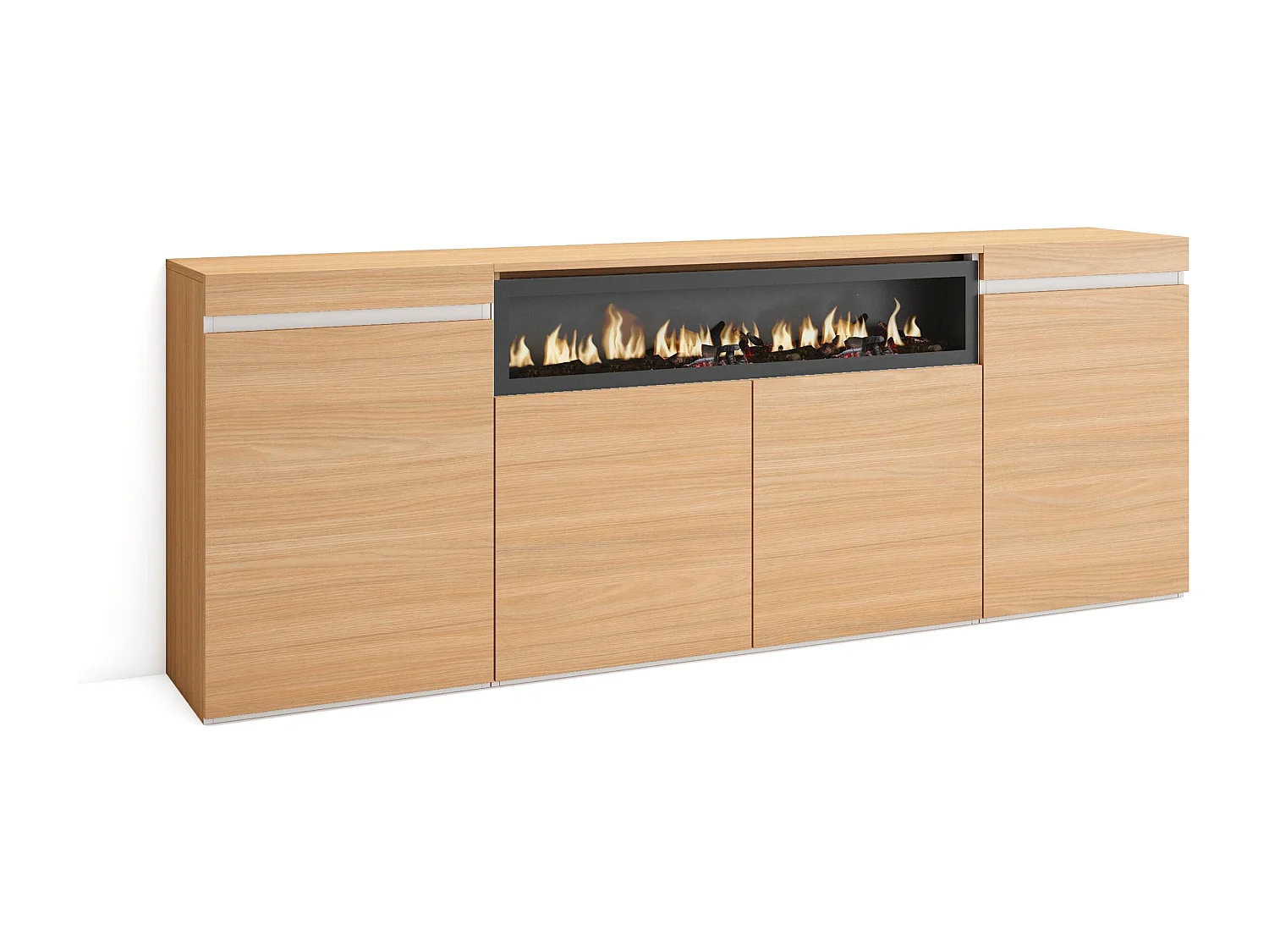 Buffet salon et cuisine, 200x35x75cm, 4 Portes, Cheminée électrique, Chêne soft et blanc