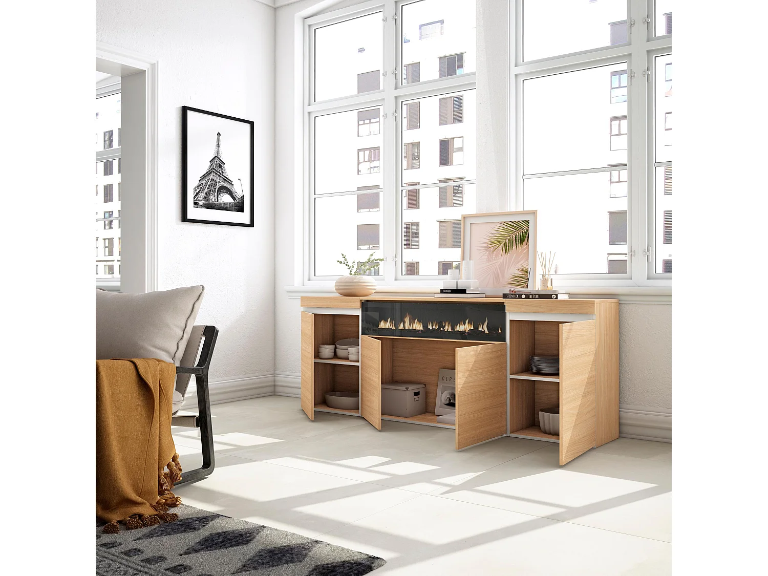 Buffet salon et cuisine, 200x35x75cm, 4 Portes, Cheminée électrique, Chêne soft et blanc