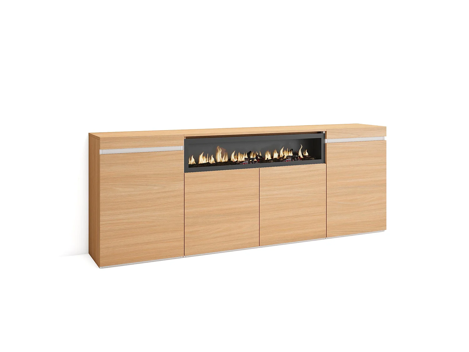 Buffet salon et cuisine, 200x35x75cm, 4 Portes, Cheminée électrique, Chêne soft et blanc