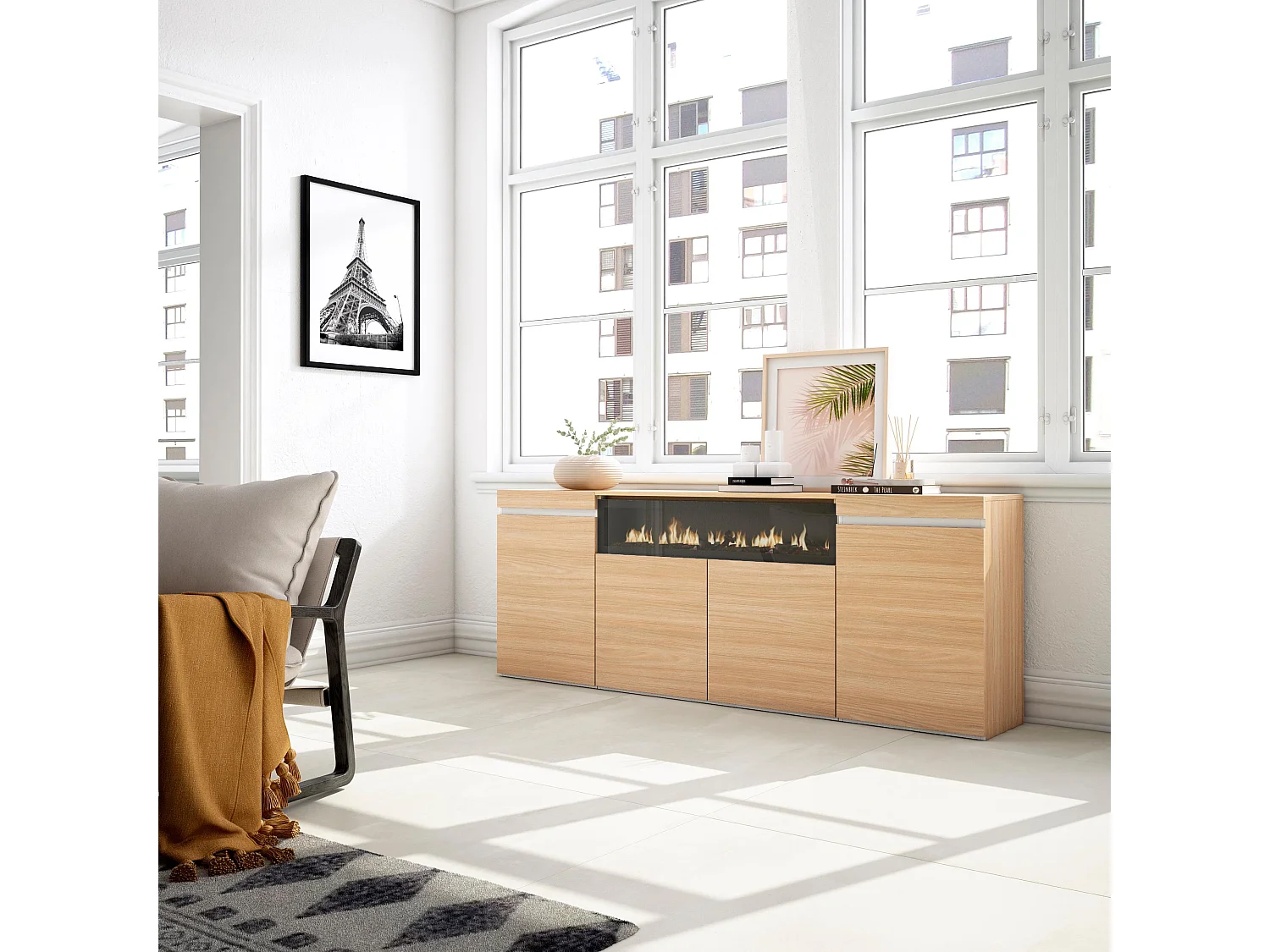 Buffet salon et cuisine, 200x35x75cm, 4 Portes, Cheminée électrique, Chêne soft et blanc