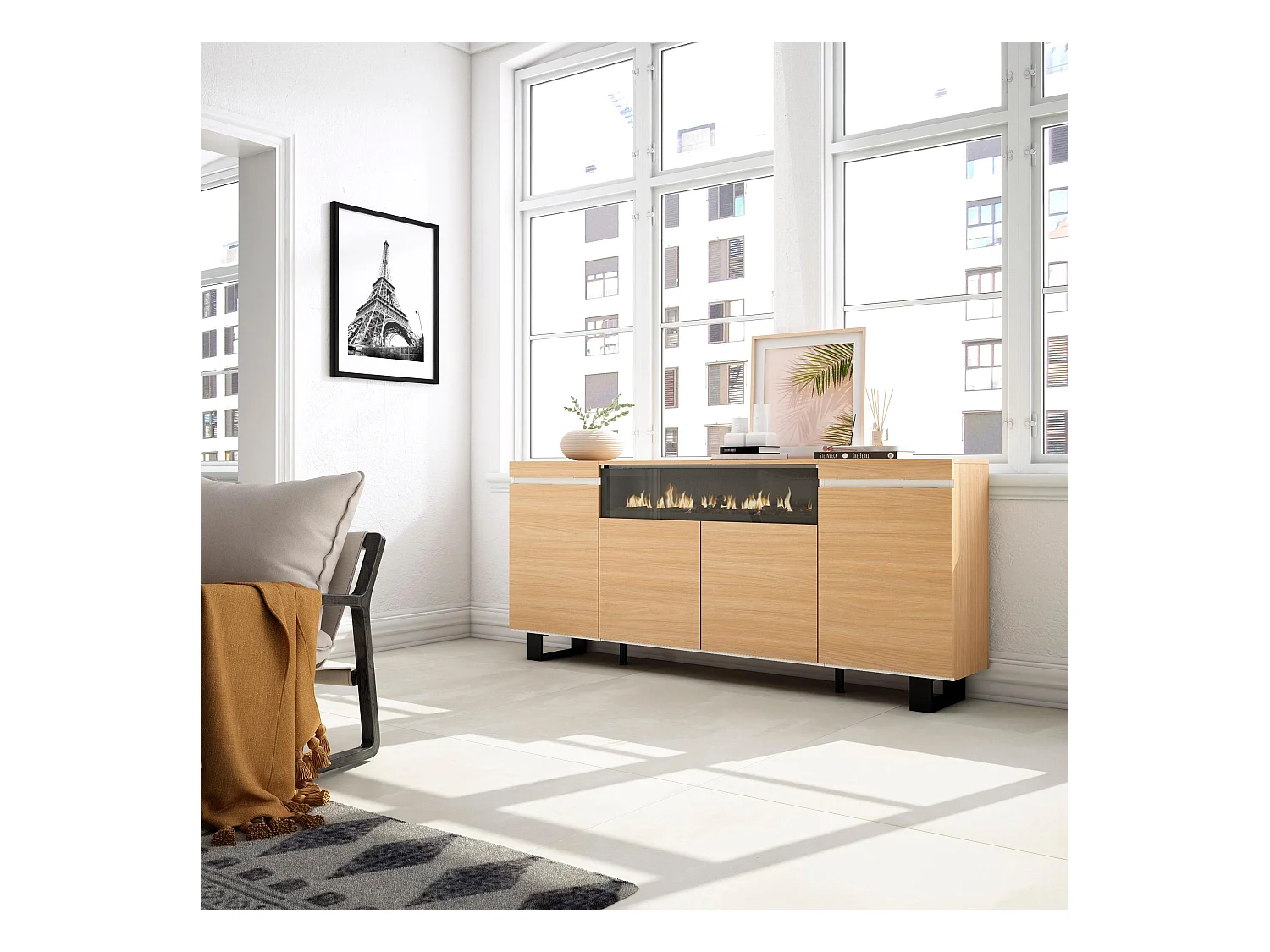 Buffet salon et cuisine, 200x35x87cm, 4 Portes, Cheminée électrique, Design industriel, Chêne soft et blanc