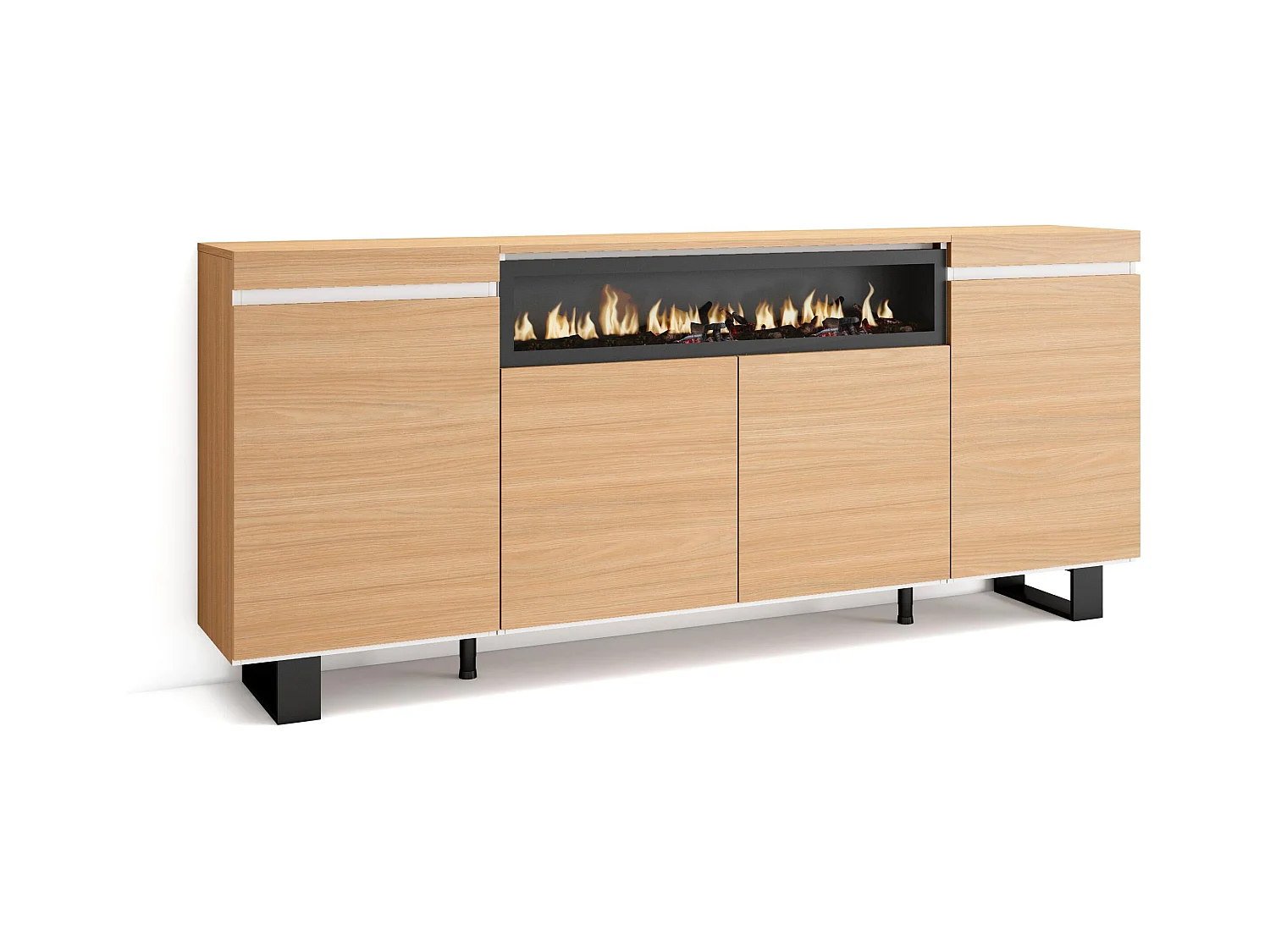 Buffet salon et cuisine, 200x35x87cm, 4 Portes, Cheminée électrique, Design industriel, Chêne soft et blanc