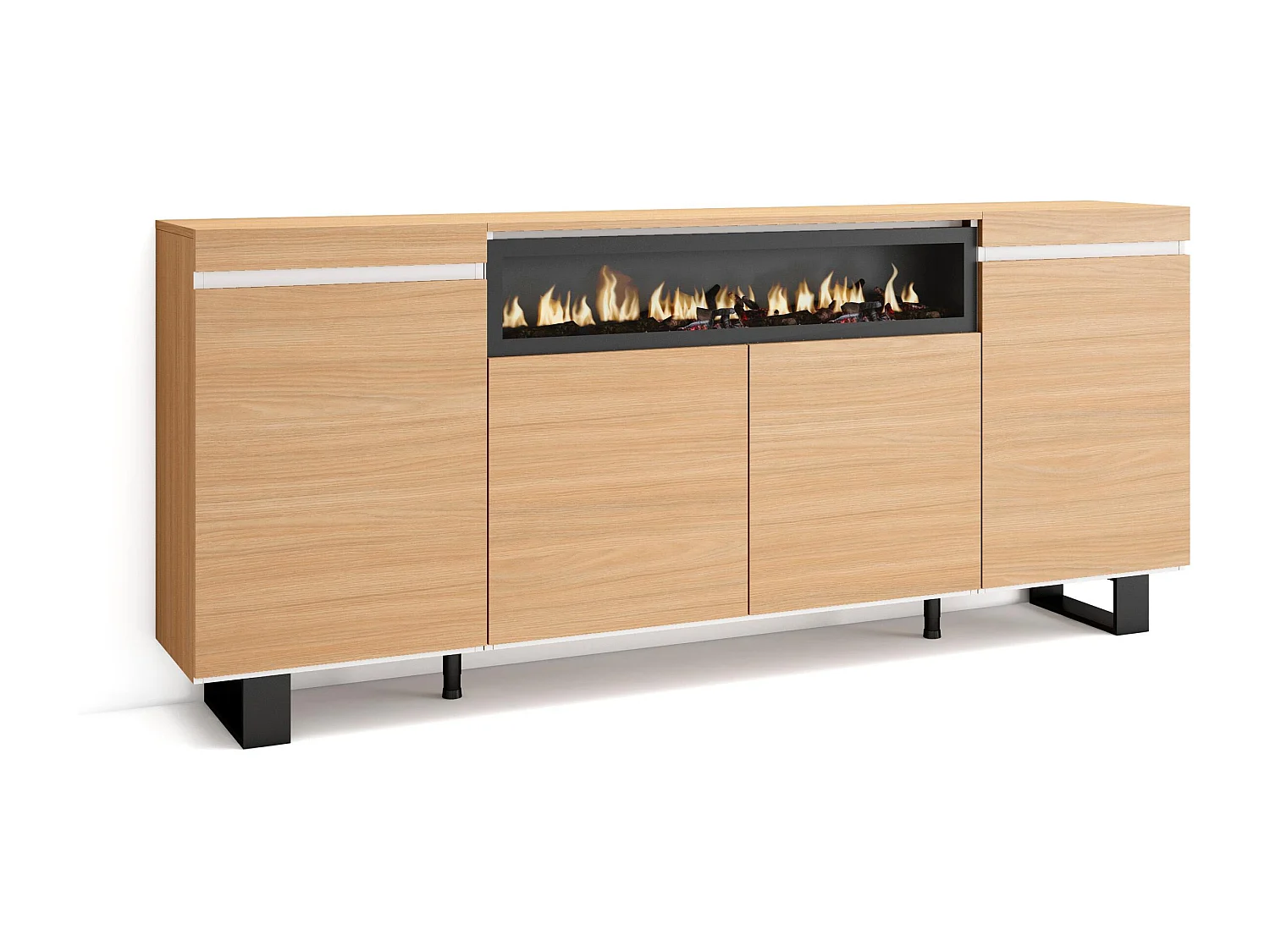 Buffet salon et cuisine, 200x35x87cm, 4 Portes, Cheminée électrique, Design industriel, Chêne soft et blanc