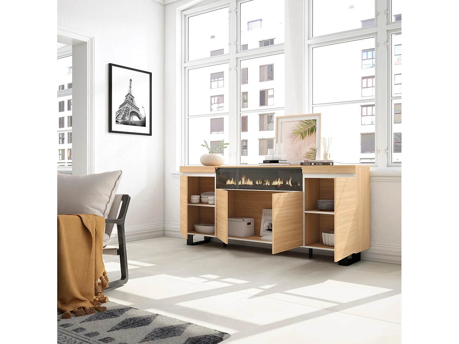 Buffet salon et cuisine, 200x35x87cm, 4 Portes, Cheminée électrique, Design industriel, Chêne soft et blanc