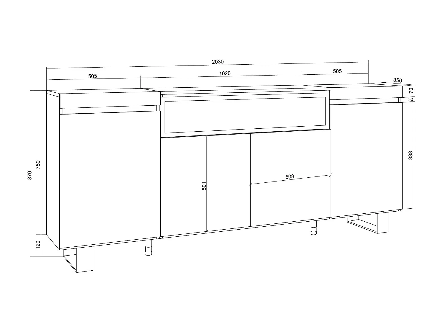 Buffet salon et cuisine, 200x35x87cm, 4 Portes, Cheminée électrique, Design industriel, Chêne soft et blanc