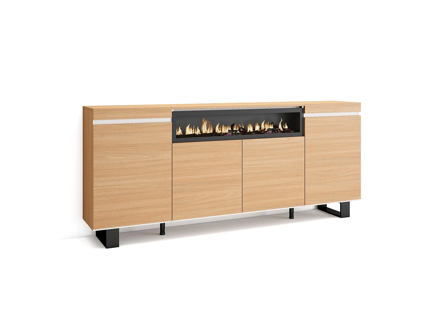 Dressoir, Opbergkast, 200x35x87cm, 4 Deuren, Elektrische haard, Industrieel design, Eiken soft en Wit