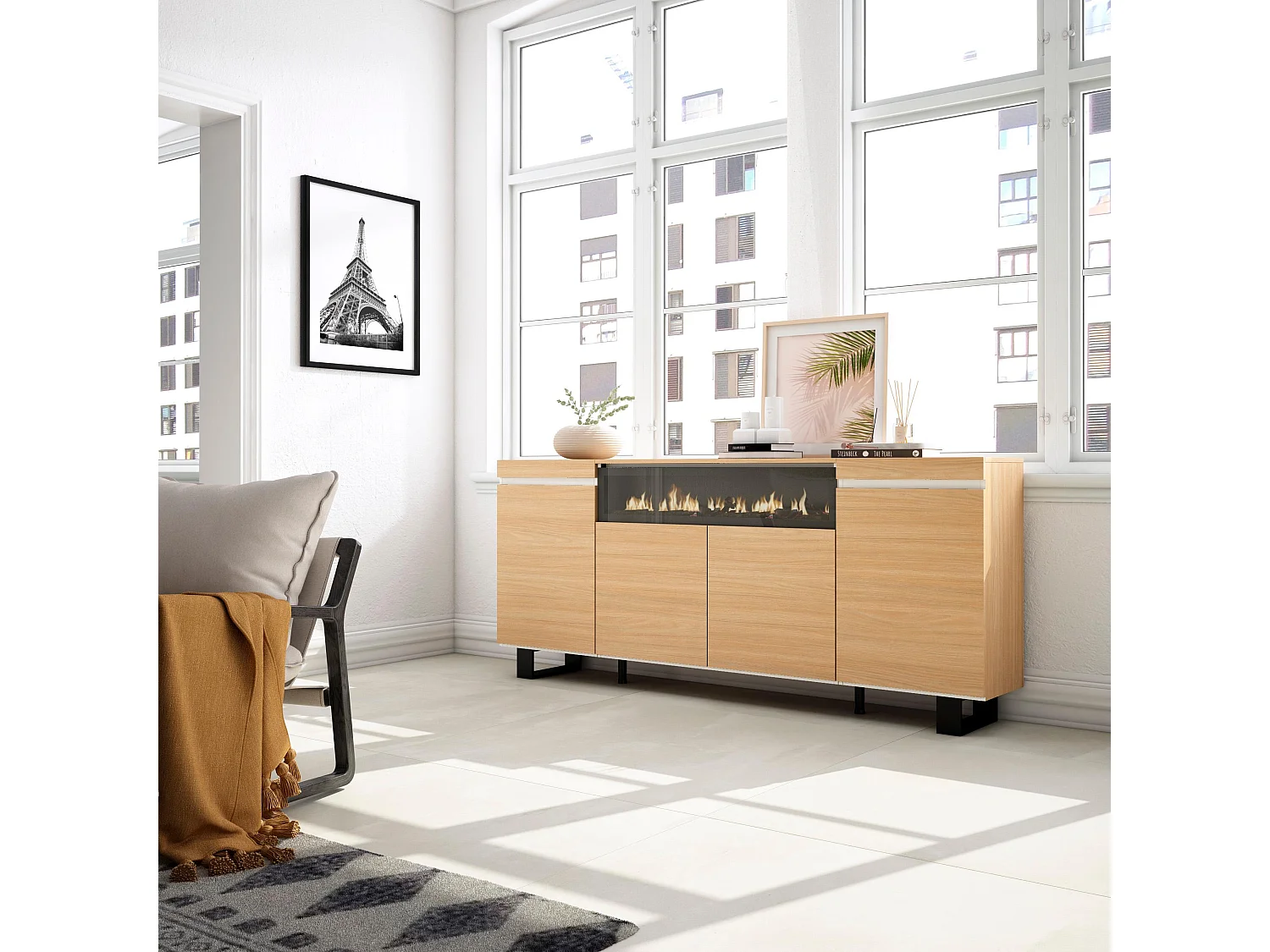 Dressoir, Opbergkast, 200x35x87cm, 4 Deuren, Elektrische haard, Industrieel design, Eiken soft en Wit