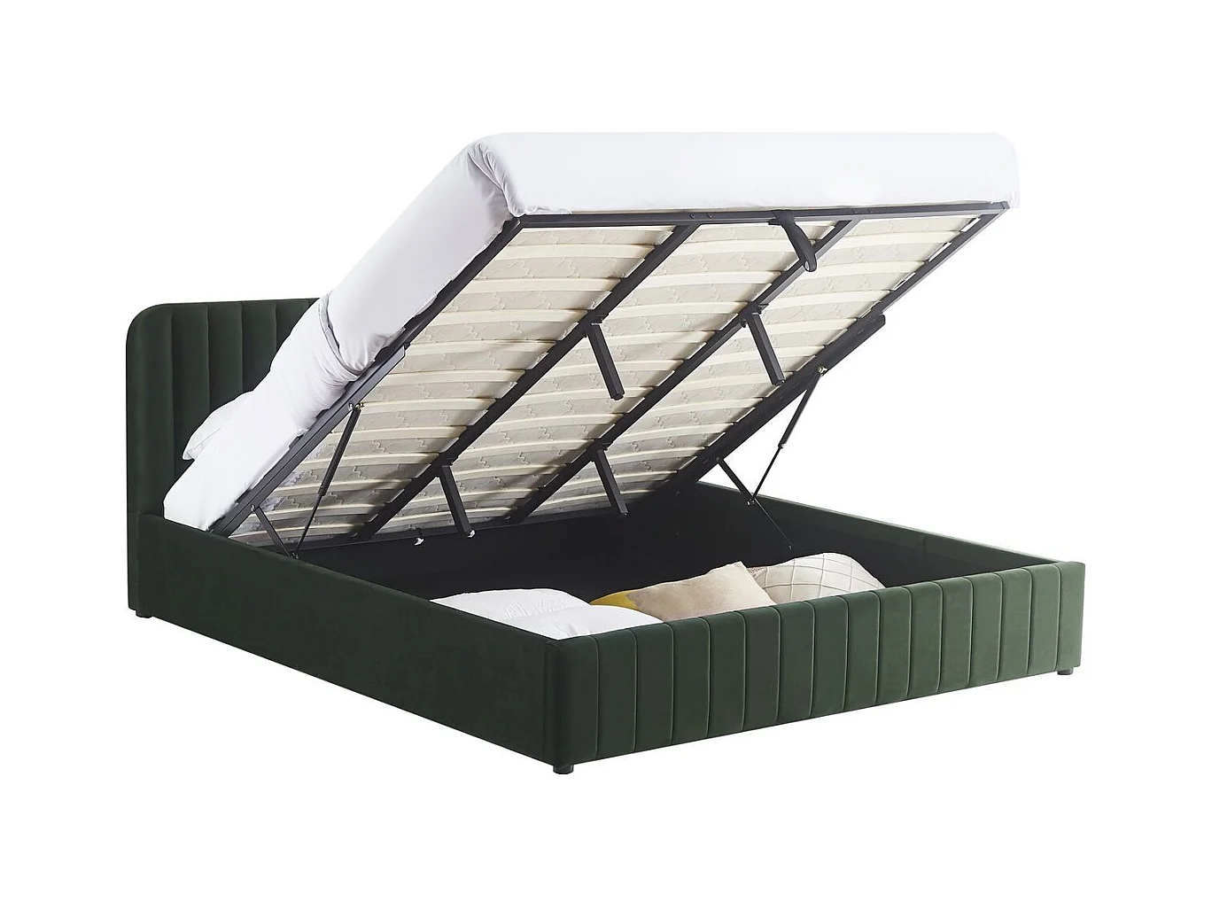 Lit coffre adulte 180x200 cm avec tête de lit capitonnée en velours vert kaki - Ava