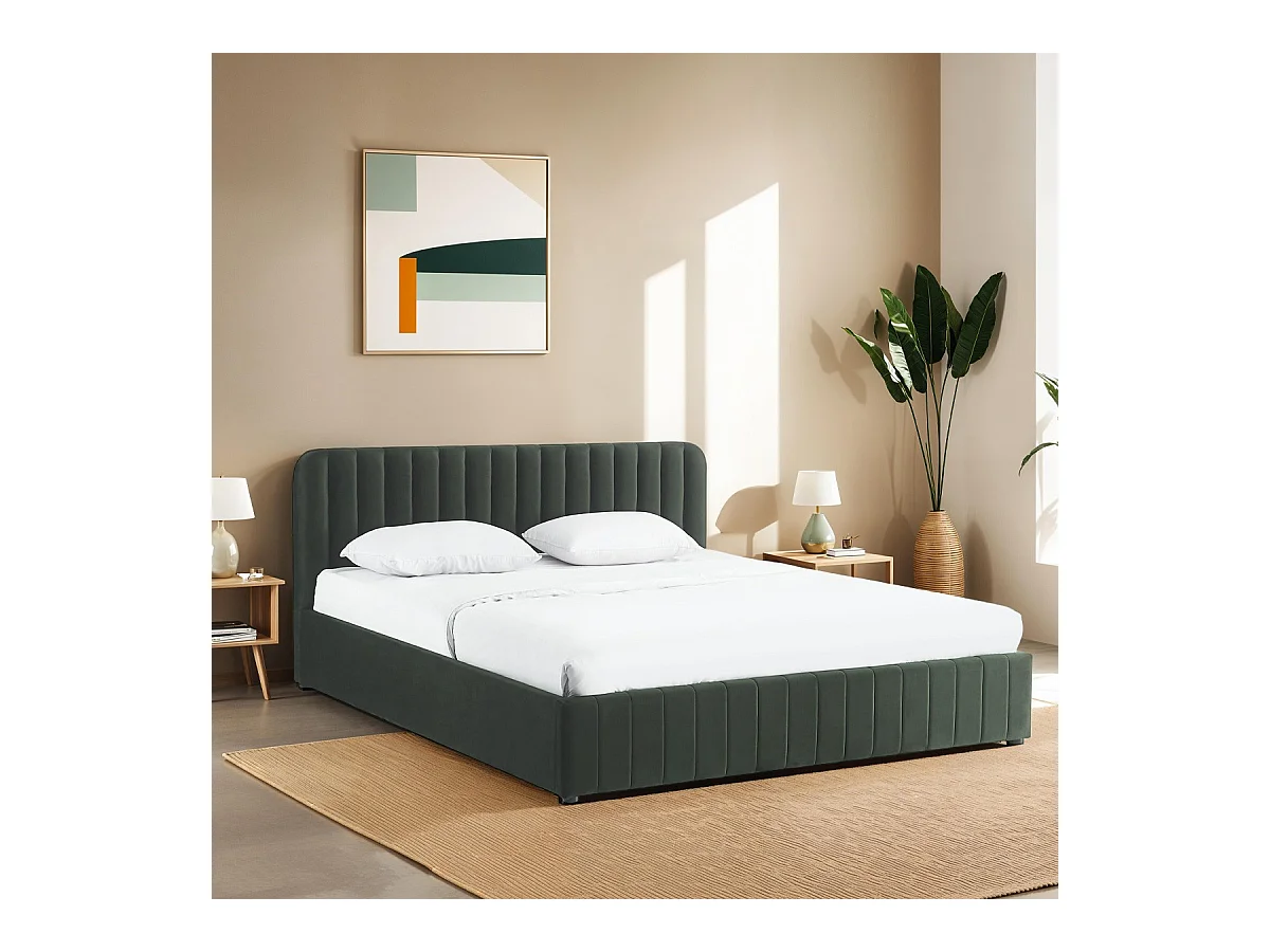 Lit coffre adulte 180x200 cm avec tête de lit capitonnée en velours vert kaki - Ava
