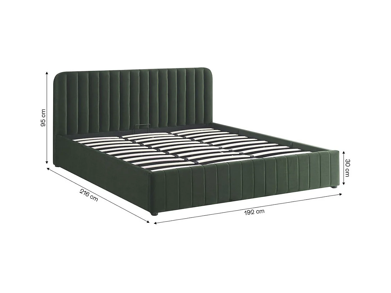 Lit coffre adulte 180x200 cm avec tête de lit capitonnée en velours vert kaki - Ava