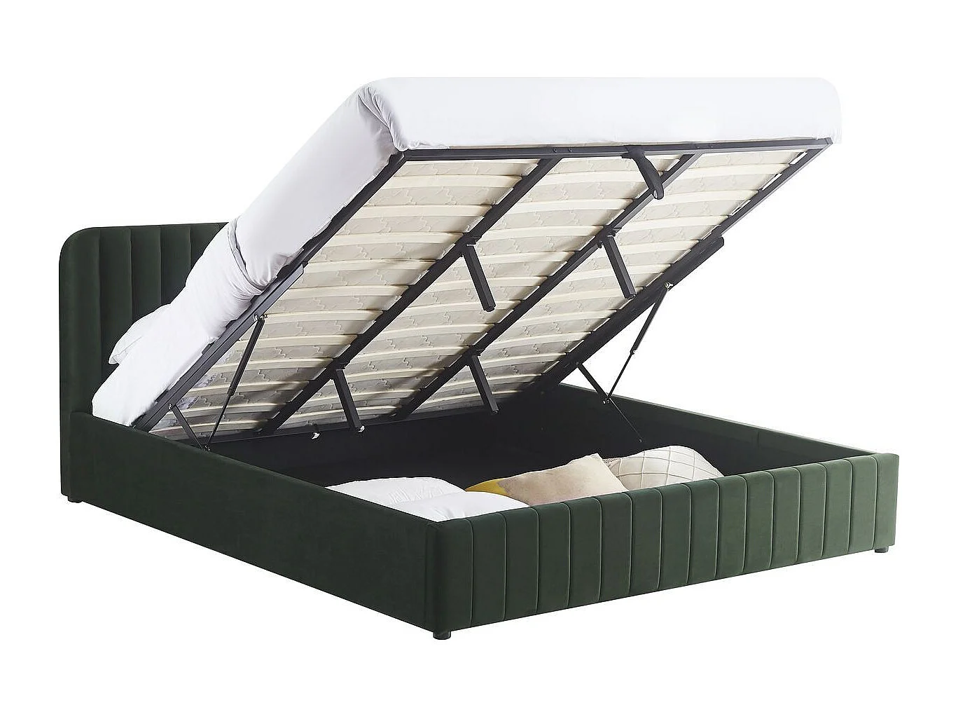 Lit coffre adulte 180x200 cm avec tête de lit capitonnée en velours vert kaki - Ava