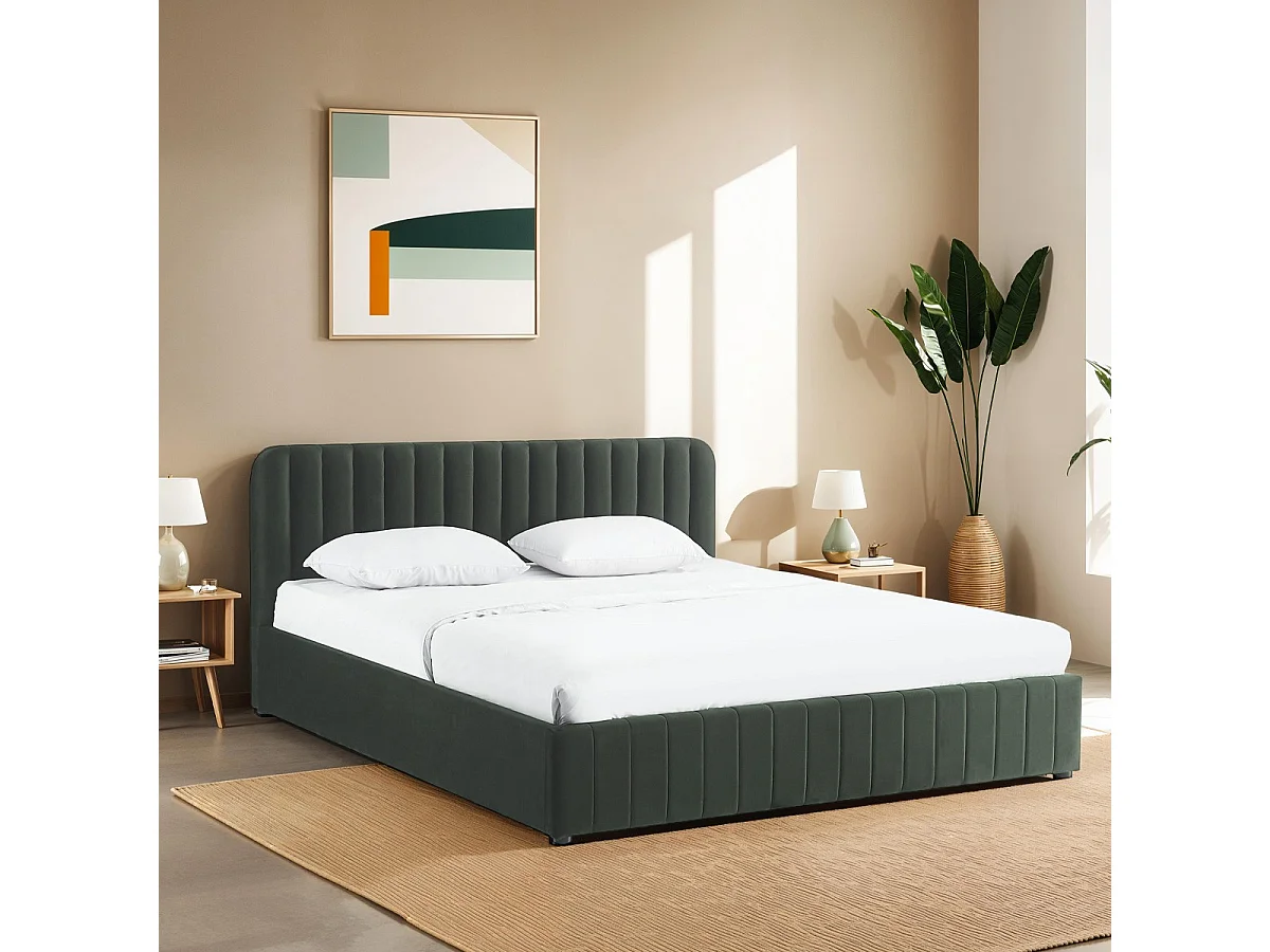 Lit coffre adulte 180x200 cm avec tête de lit capitonnée en velours vert kaki - Ava