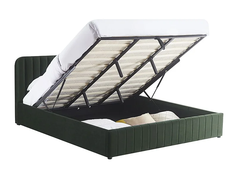Lit coffre adulte 180x200 cm avec tête de lit capitonnée en velours vert kaki - Ava