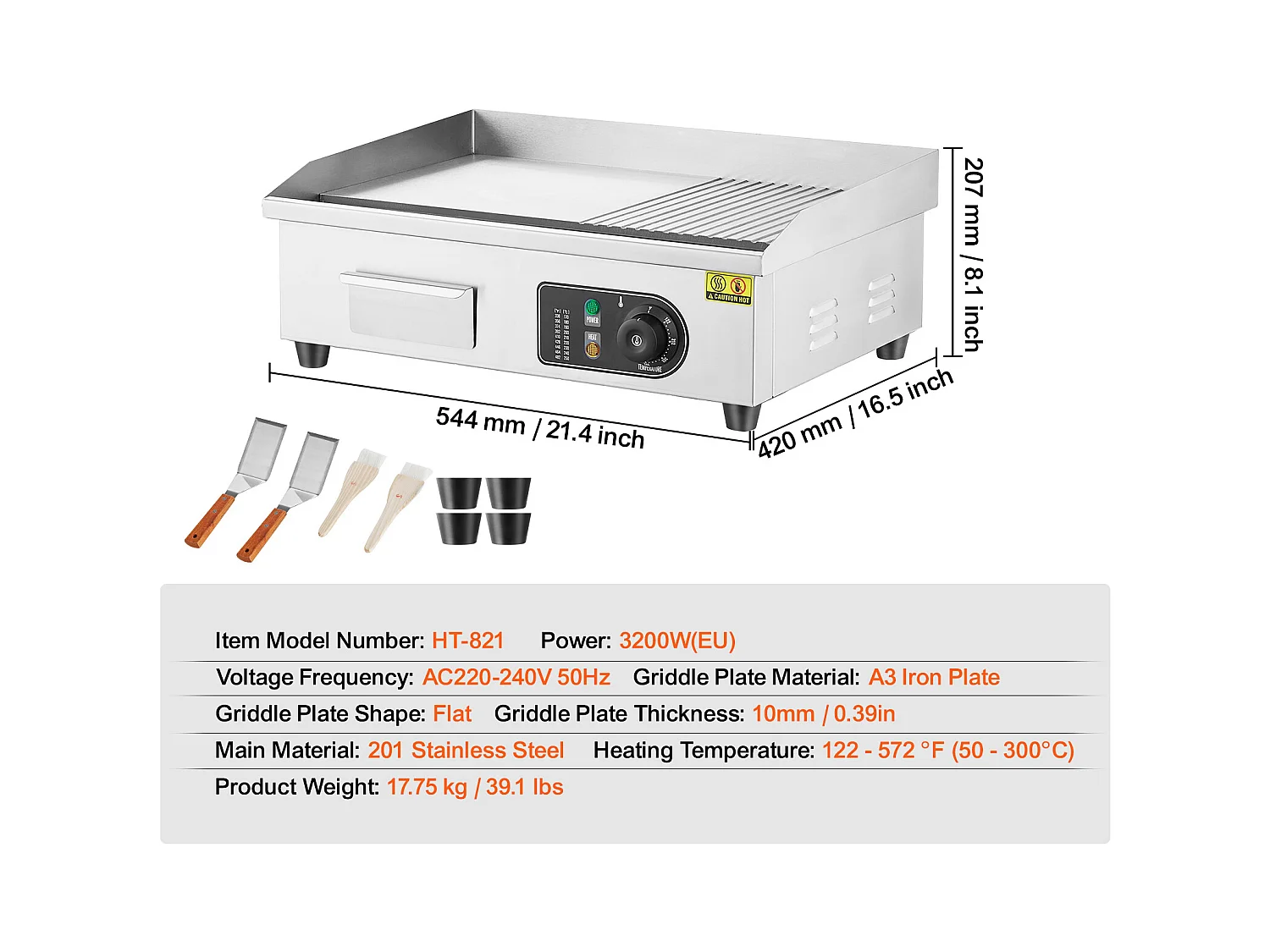 Plancha Électrique SucceBuy, Plaque de Cuisson Électrique Commerciale, 3200 W, Gril Semi-Plat pour Comptoir, 122 ℉ à 572 ℉