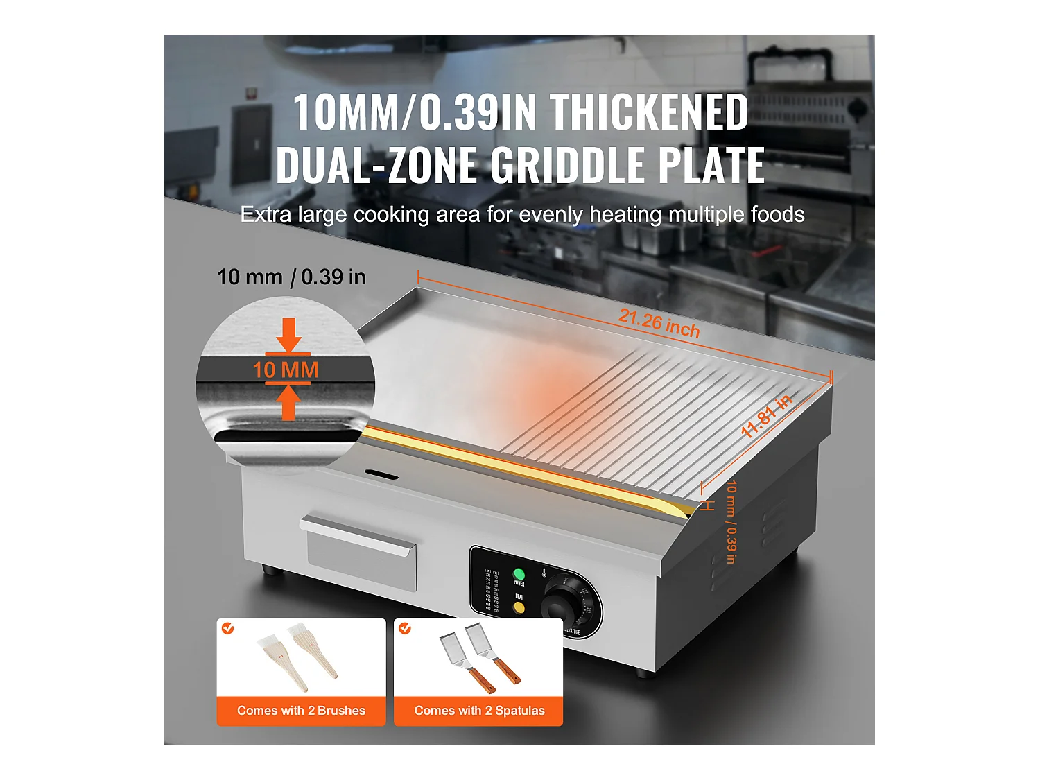 Plancha Électrique SucceBuy, Plaque de Cuisson Électrique Commerciale, 3200 W, Gril Semi-Plat pour Comptoir, 122 ℉ à 572 ℉