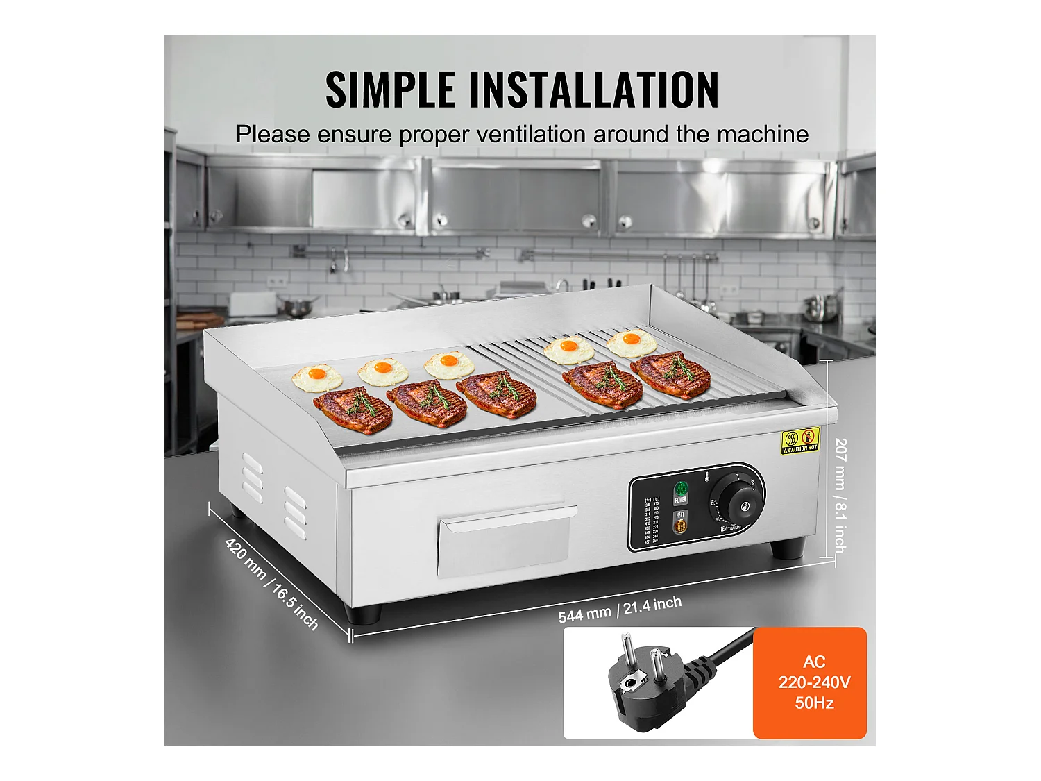 Plancha Électrique SucceBuy, Plaque de Cuisson Électrique Commerciale, 3200 W, Gril Semi-Plat pour Comptoir, 122 ℉ à 572 ℉