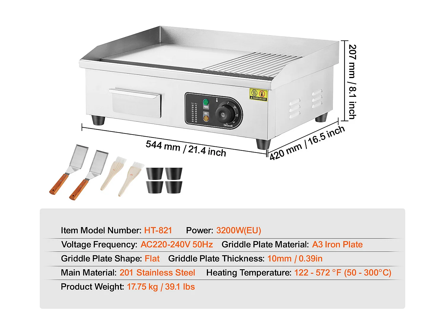 Chapa Elétrica SucceBuy, Placa de Cozimento Elétrica Comercial, 3200 W, Churrasqueira Semi-Plana para Balcão, 122 ℉ a 572 ℉