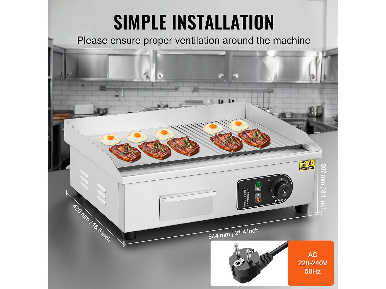 Chapa Elétrica SucceBuy, Placa de Cozimento Elétrica Comercial, 3200 W, Churrasqueira Semi-Plana para Balcão, 122 ℉ a 572 ℉