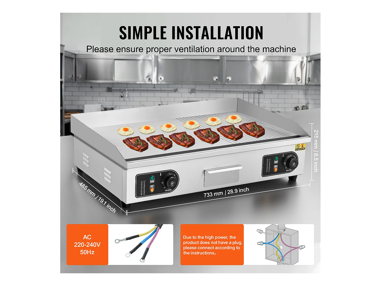 Plancha Électrique SucceBuy, Plaque de Cuisson Électrique Commerciale, 4400 W, Gril Semi-Plat pour Comptoir, 122 ℉ à 572 ℉