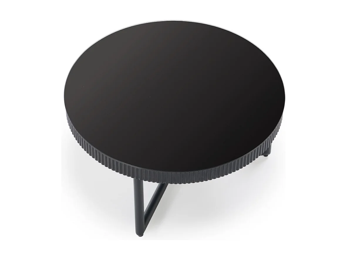 Table basse ronde noir laqué avec plateau verre 80cm ELOIS