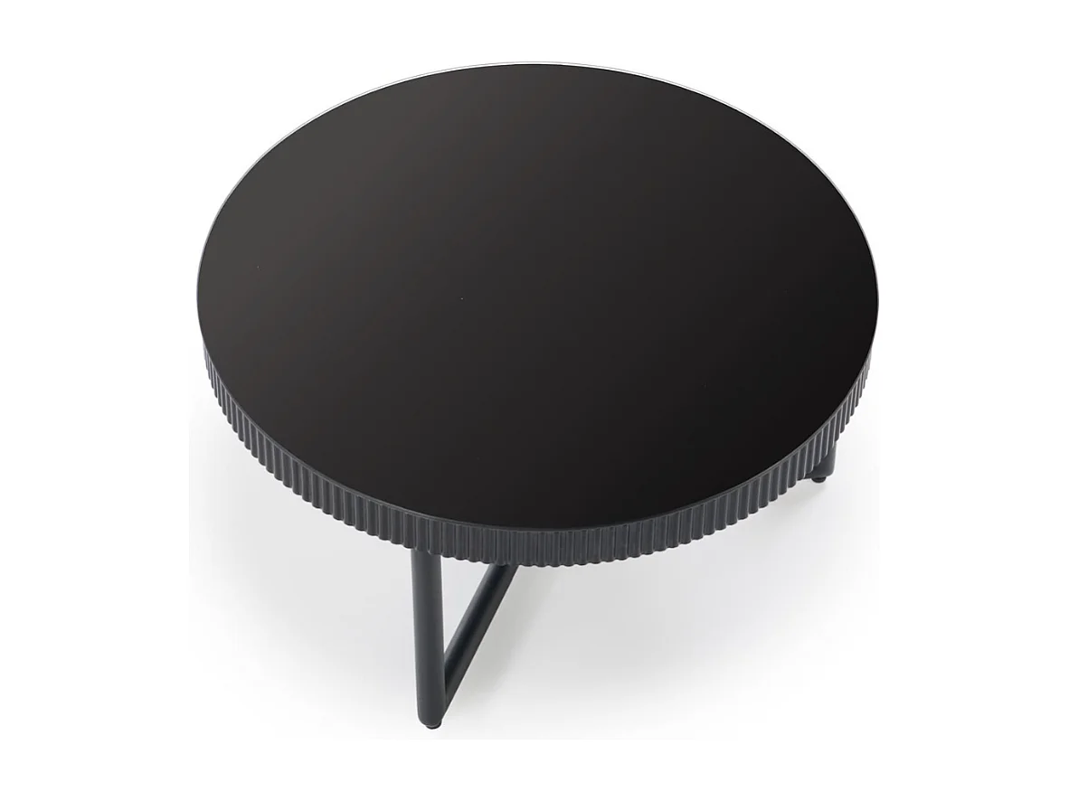 Table basse ronde noir laqué avec plateau verre 80cm ELOIS