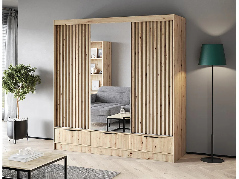 Armoire Rupert XL (180 cm) / Portes coulissantes / Miroir et tiroirs / Marron