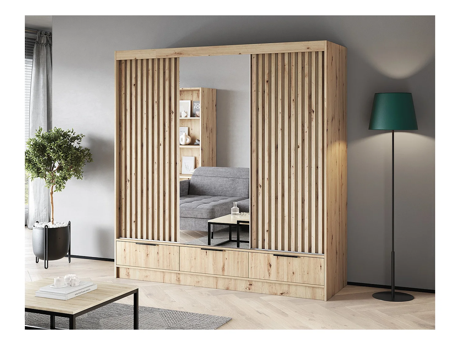 Armadio Rupert XL (180 cm) / Ante scorrevoli / Specchio e cassetti / Marrone