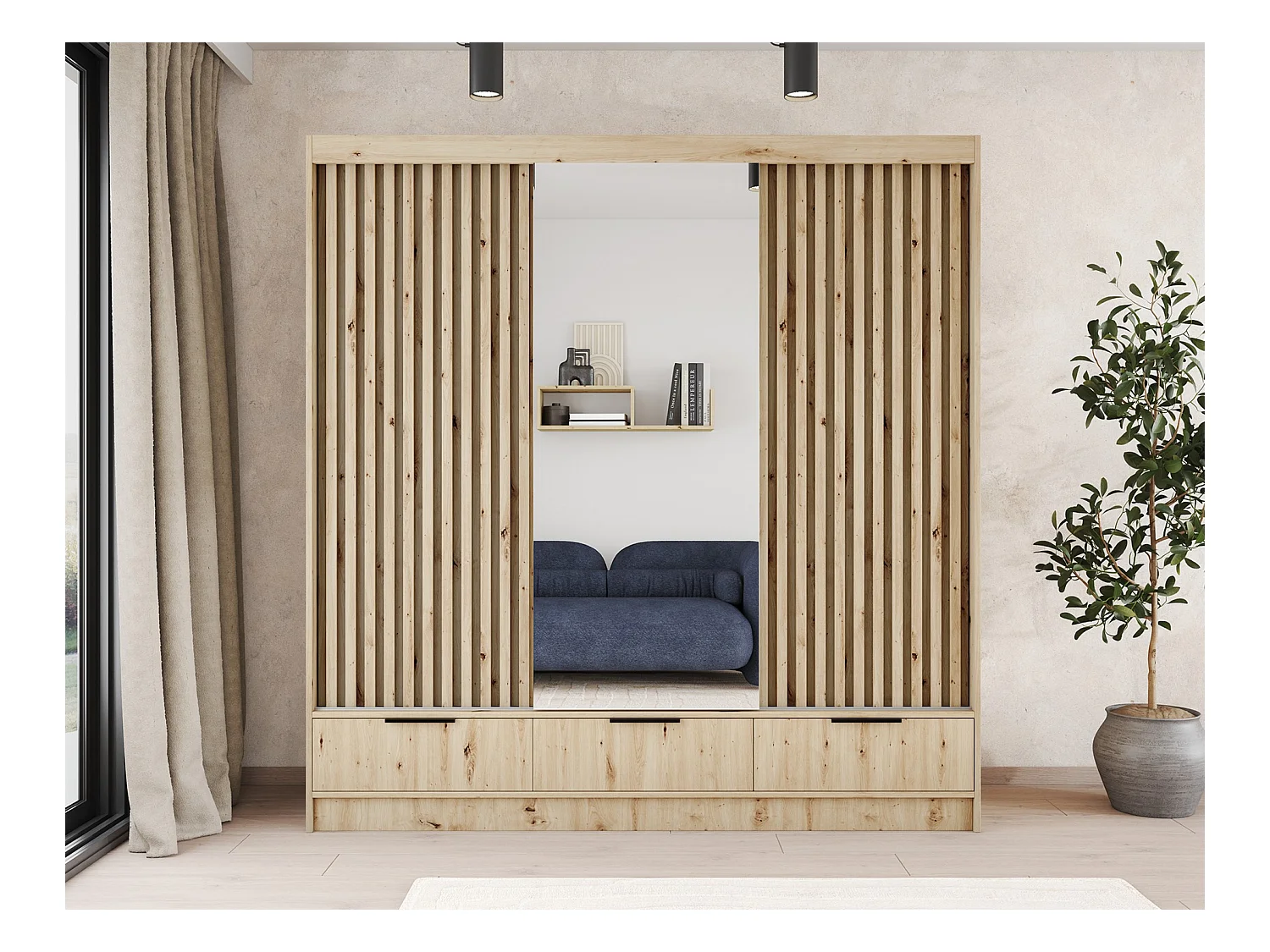 Armadio Rupert XL (180 cm) / Ante scorrevoli / Specchio e cassetti / Marrone