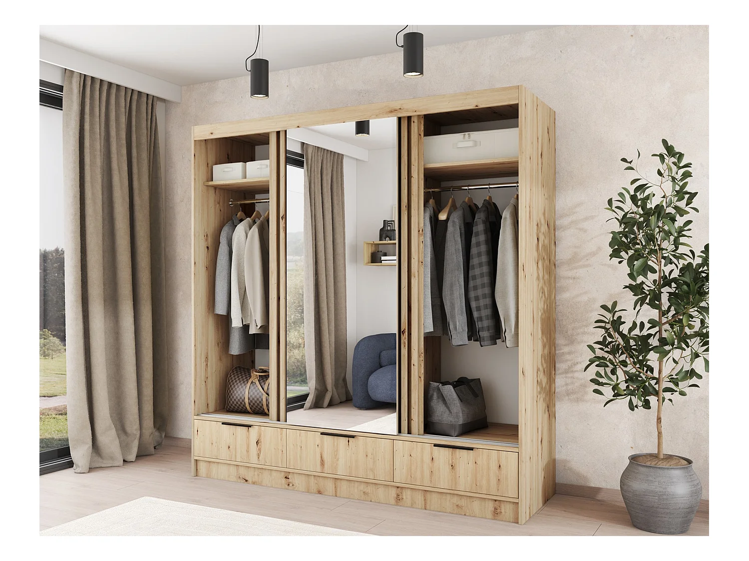 Armadio Rupert XL (180 cm) / Ante scorrevoli / Specchio e cassetti / Marrone