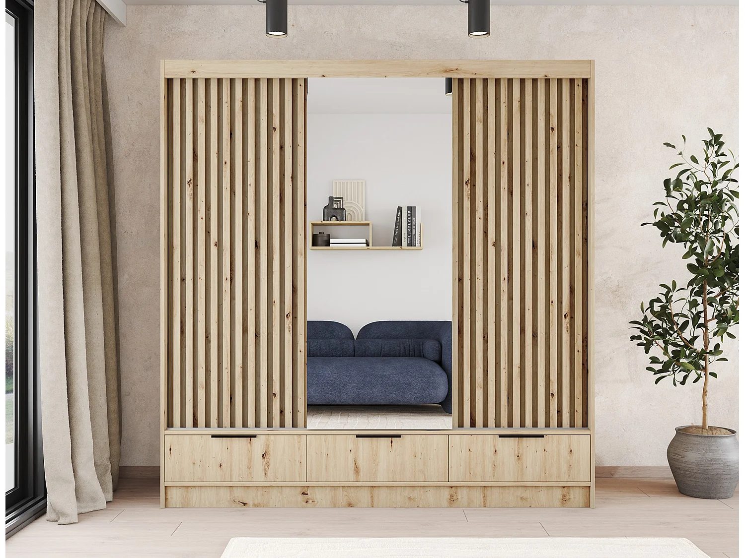 Armadio Rupert XL (180 cm) / Ante scorrevoli / Specchio e cassetti / Marrone