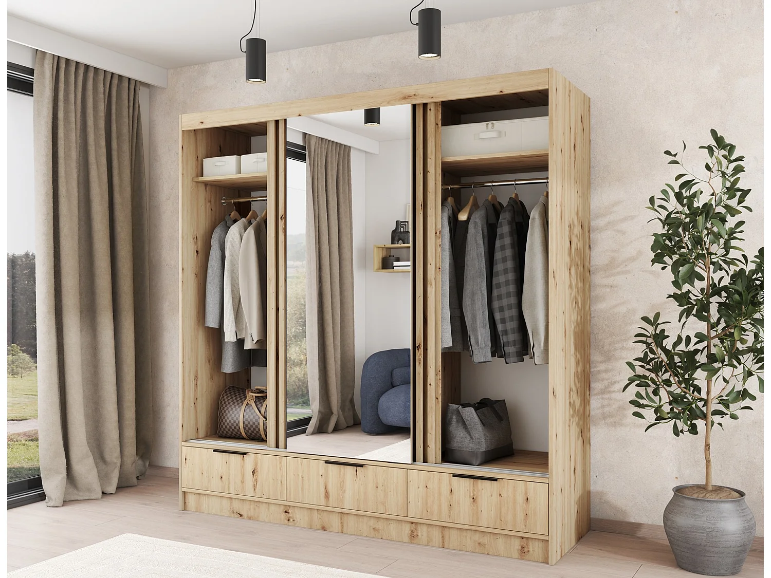 Armadio Rupert XL (180 cm) / Ante scorrevoli / Specchio e cassetti / Marrone