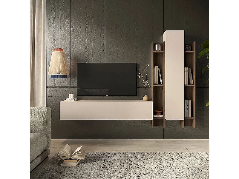 Porta tv sospeso con libreria 205x185 cm beige e noce PTL39