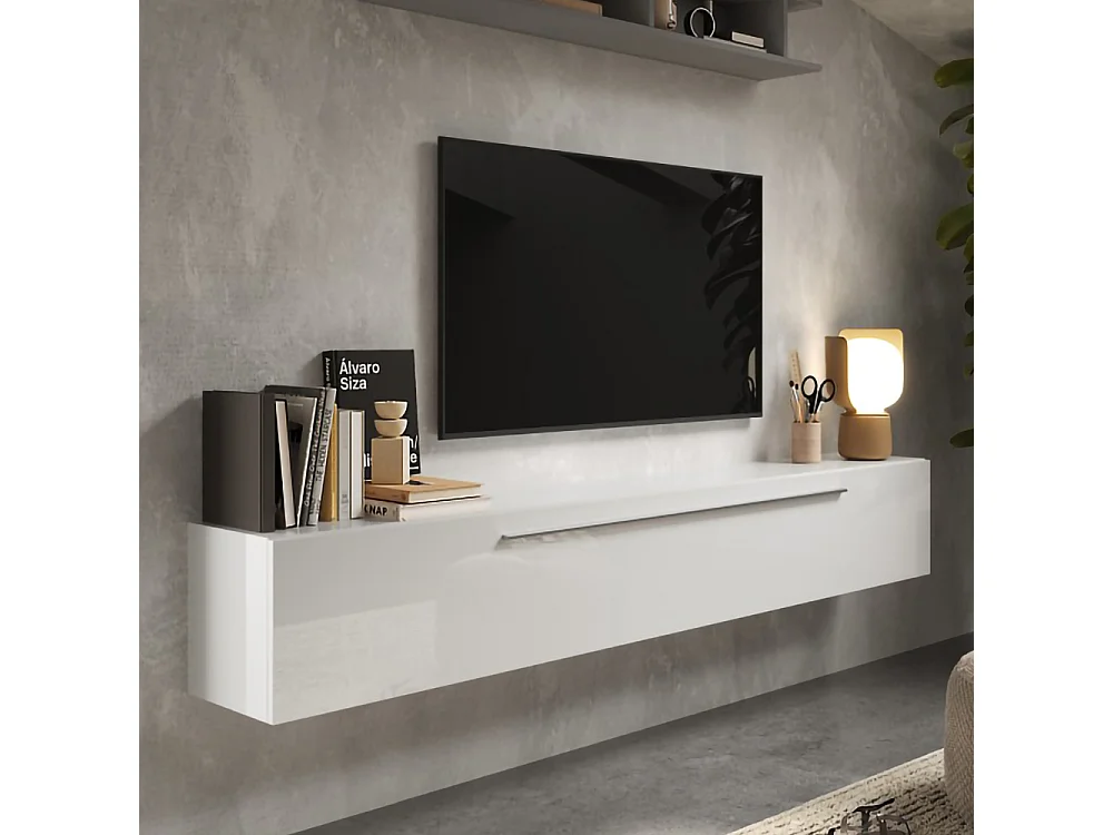 Mobile porta tv sospeso 210x180 cm grigio e bianco lucido PTL27