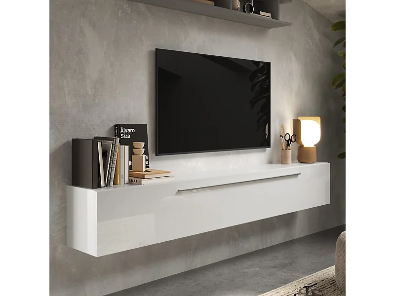 Mobile porta tv sospeso 210x180 cm grigio e bianco lucido PTL27