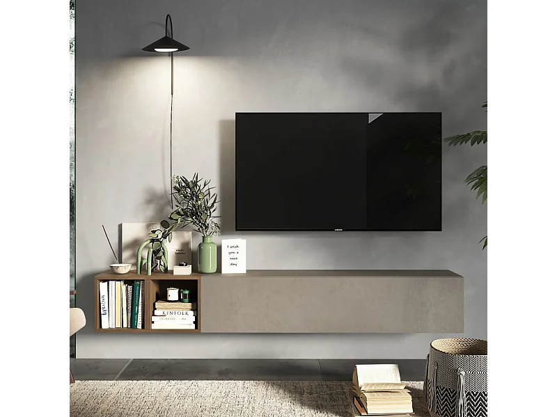 Mobile TV sospeso con vani a giorno 194x29 cm argilla e noce PTL28