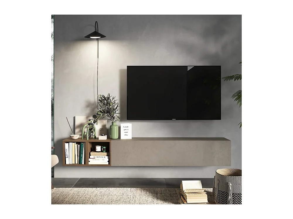 Mobile TV sospeso con vani a giorno 194x29 cm argilla e noce PTL28