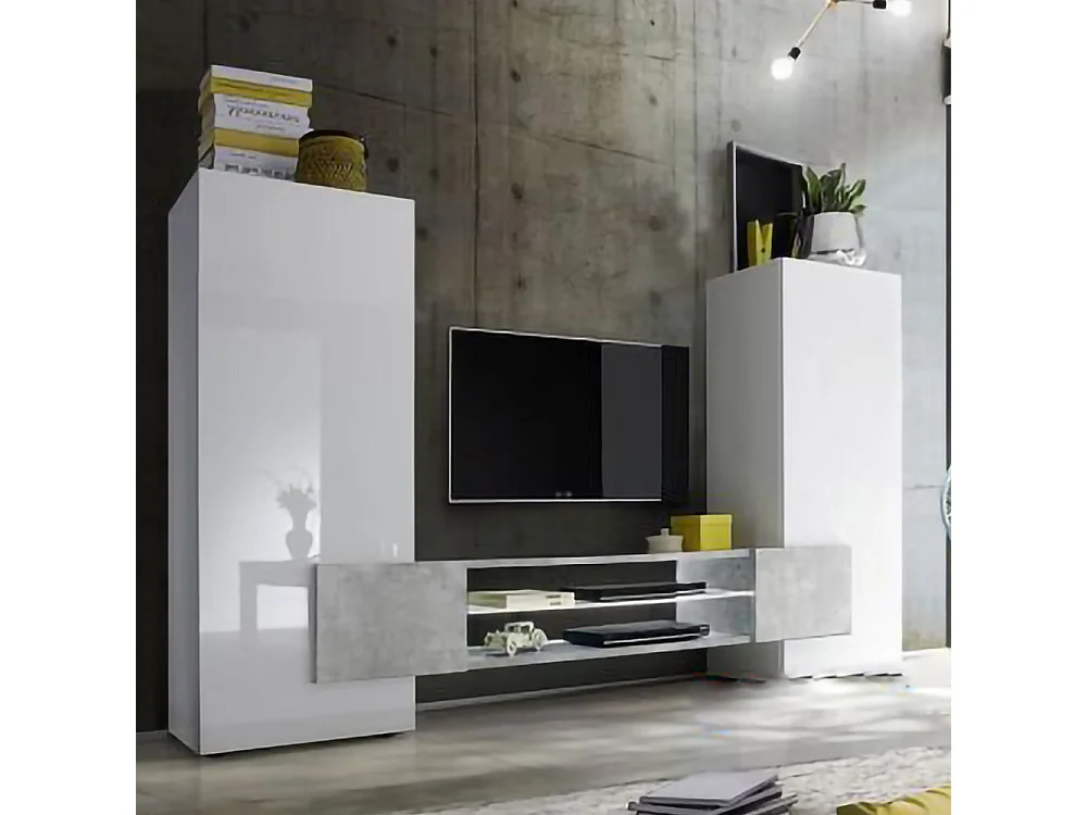 Mobile porta TV grande moderno con frontali e ampio vano a giorno 258x143 PTL17 bianco e cemento