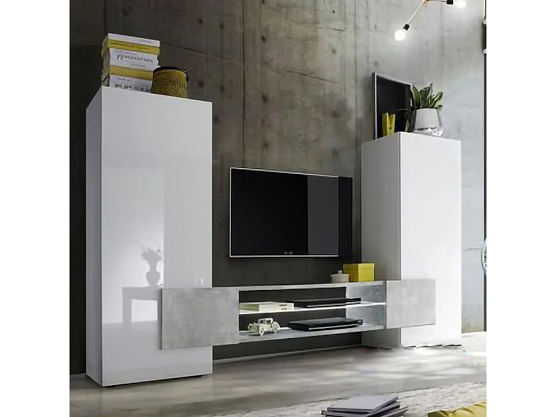 Mobile porta TV grande moderno con frontali e ampio vano a giorno 258x143 PTL17 bianco e cemento