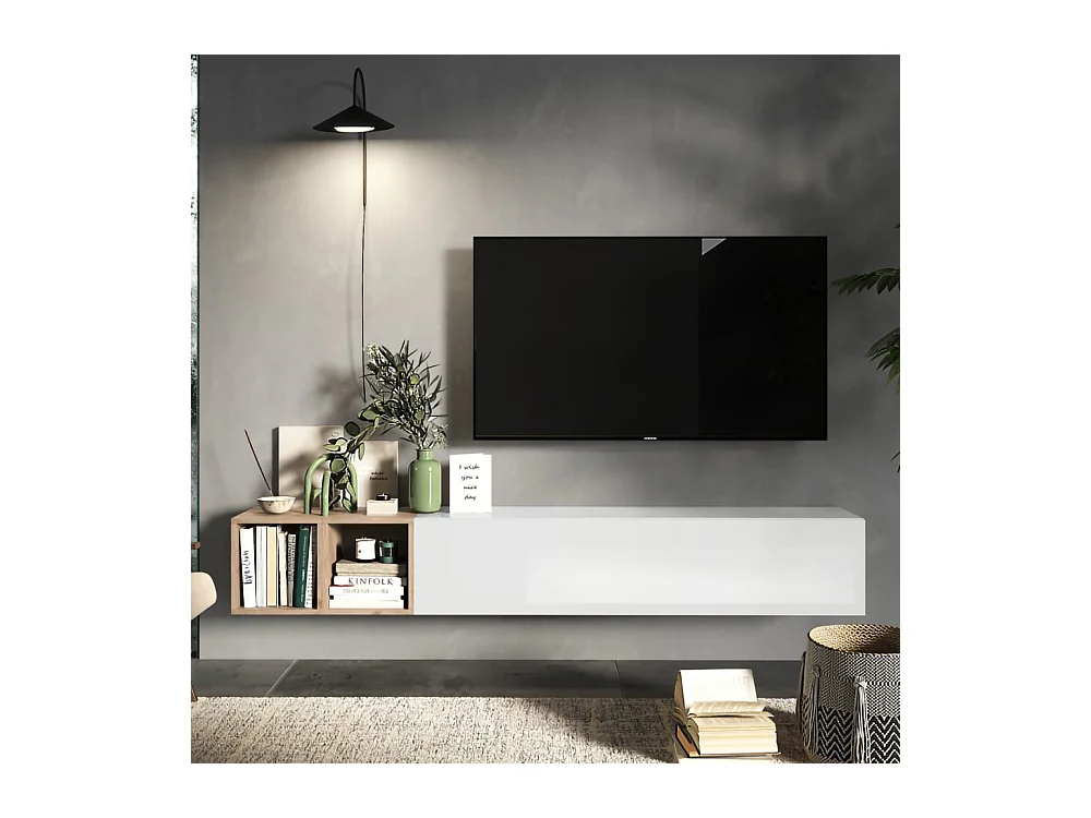 Mobile TV sospeso con vani a giorno 194x29 cm bianco lucido e rovere PTL28