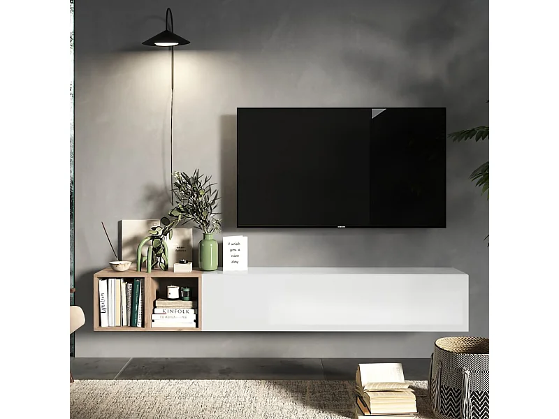 Mobile TV sospeso con vani a giorno 194x29 cm bianco lucido e rovere PTL28