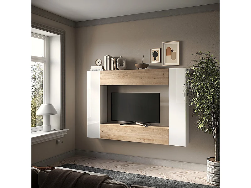 Mobile porta tv sospeso 180x180 cm bianco lucido e rovere PTL40
