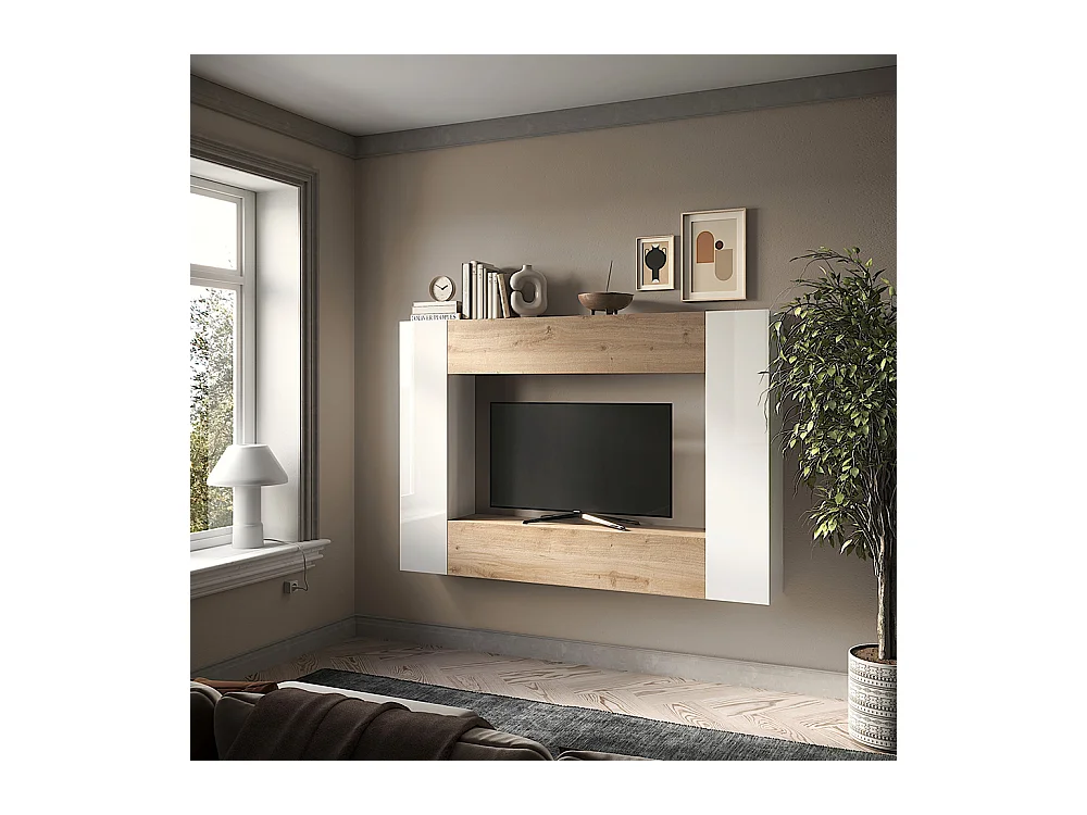 Mobile porta tv sospeso 180x180 cm bianco lucido e rovere PTL40