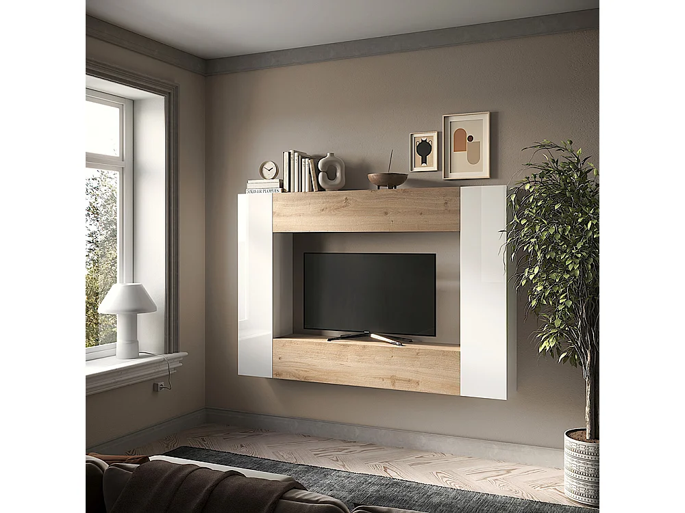 Mobile porta tv sospeso 180x180 cm bianco lucido e rovere PTL40