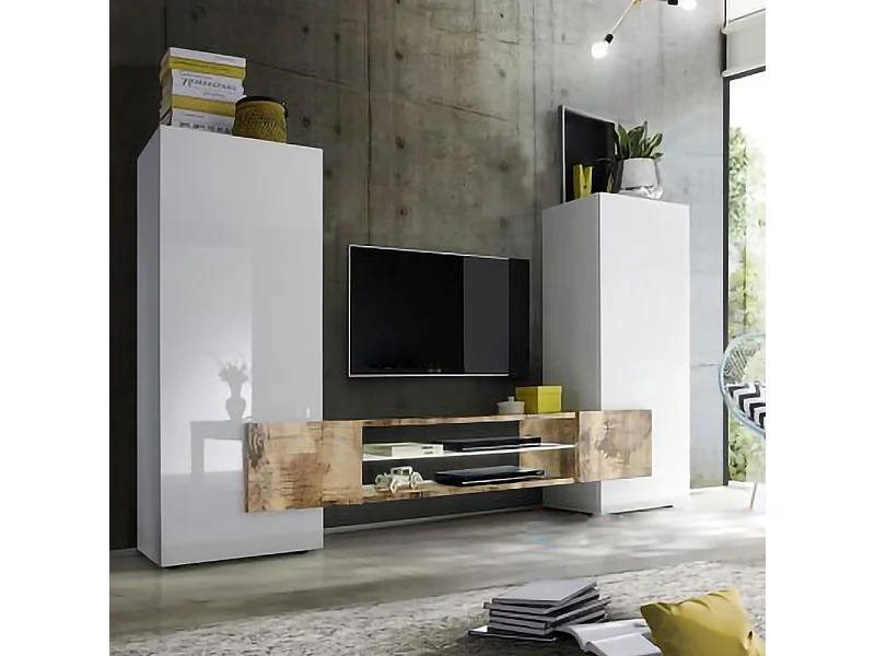 Mobile porta TV grande moderno con frontali e ampio vano a giorno 258x143 PTL17 bianco e pero