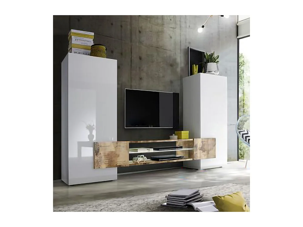 Mobile porta TV grande moderno con frontali e ampio vano a giorno 258x143 PTL17 bianco e pero