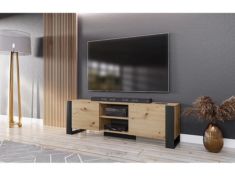 Mobile porta TV con vani a giorni design effetto legno moderno PTI12 160x51 rovere e nero