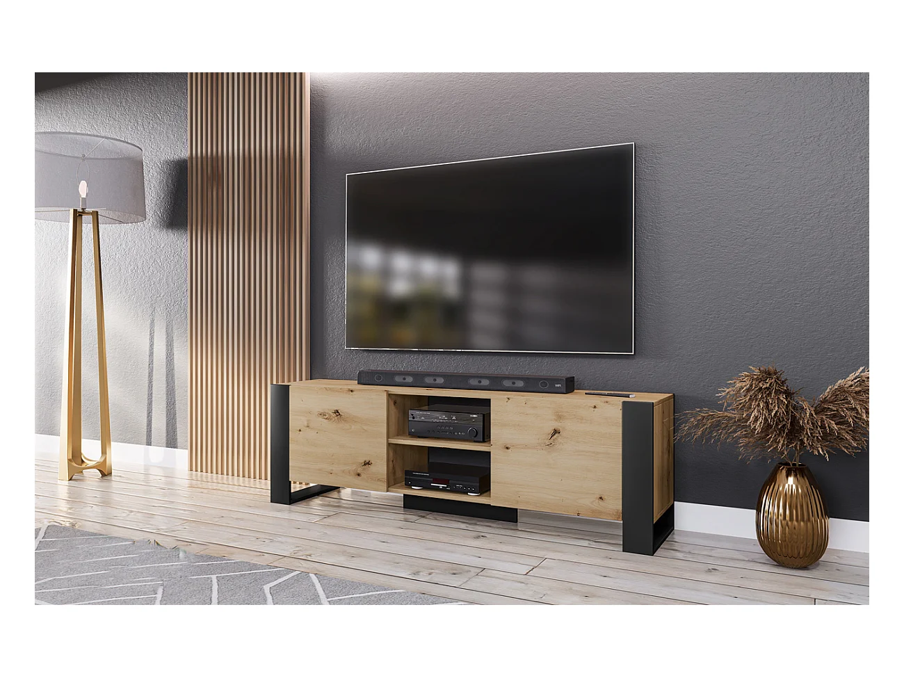 Mobile porta TV con vani a giorni design effetto legno moderno PTI12 160x51 rovere e nero
