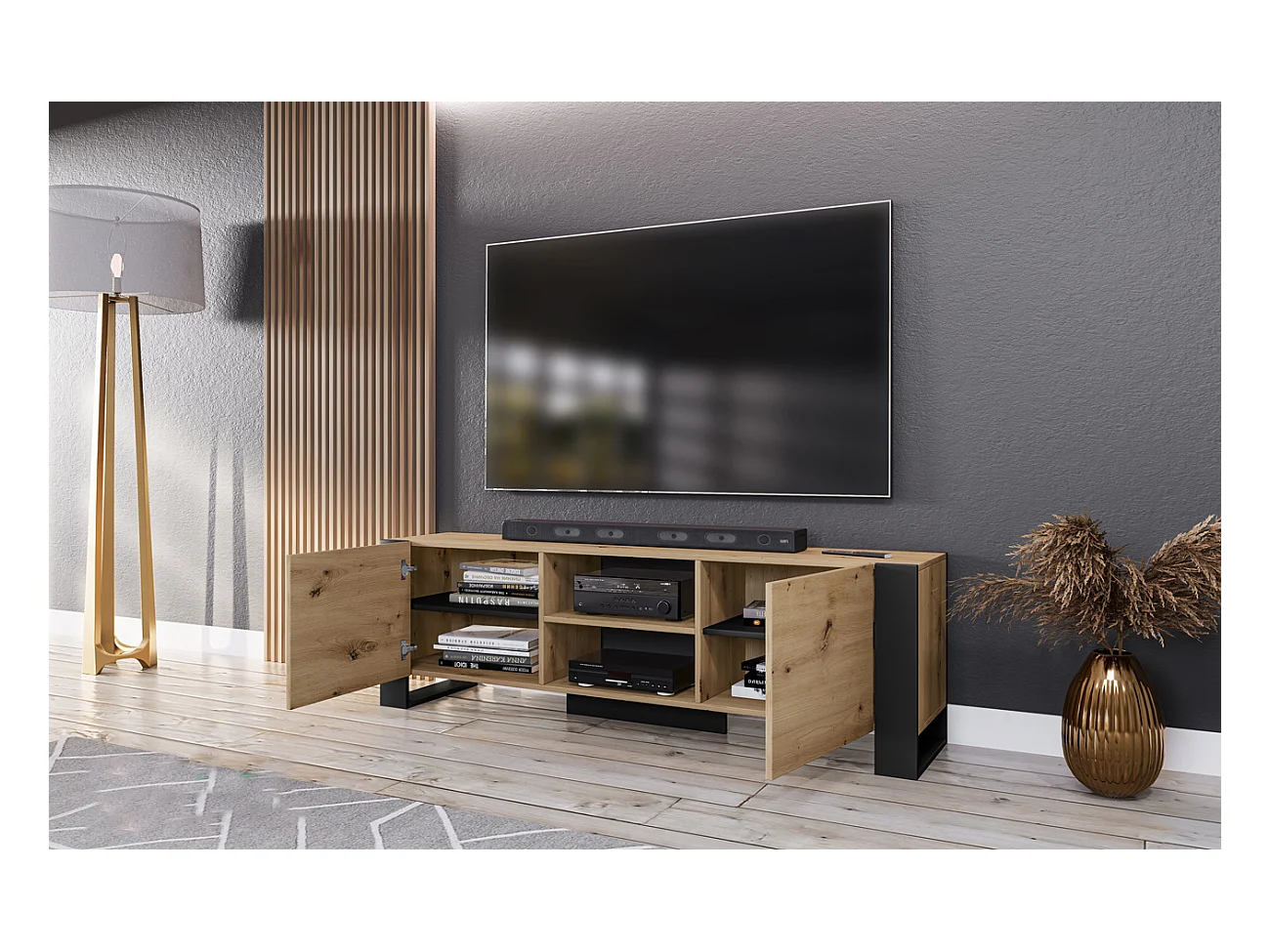 Mobile porta TV con vani a giorni design effetto legno moderno PTI12 160x51 rovere e nero