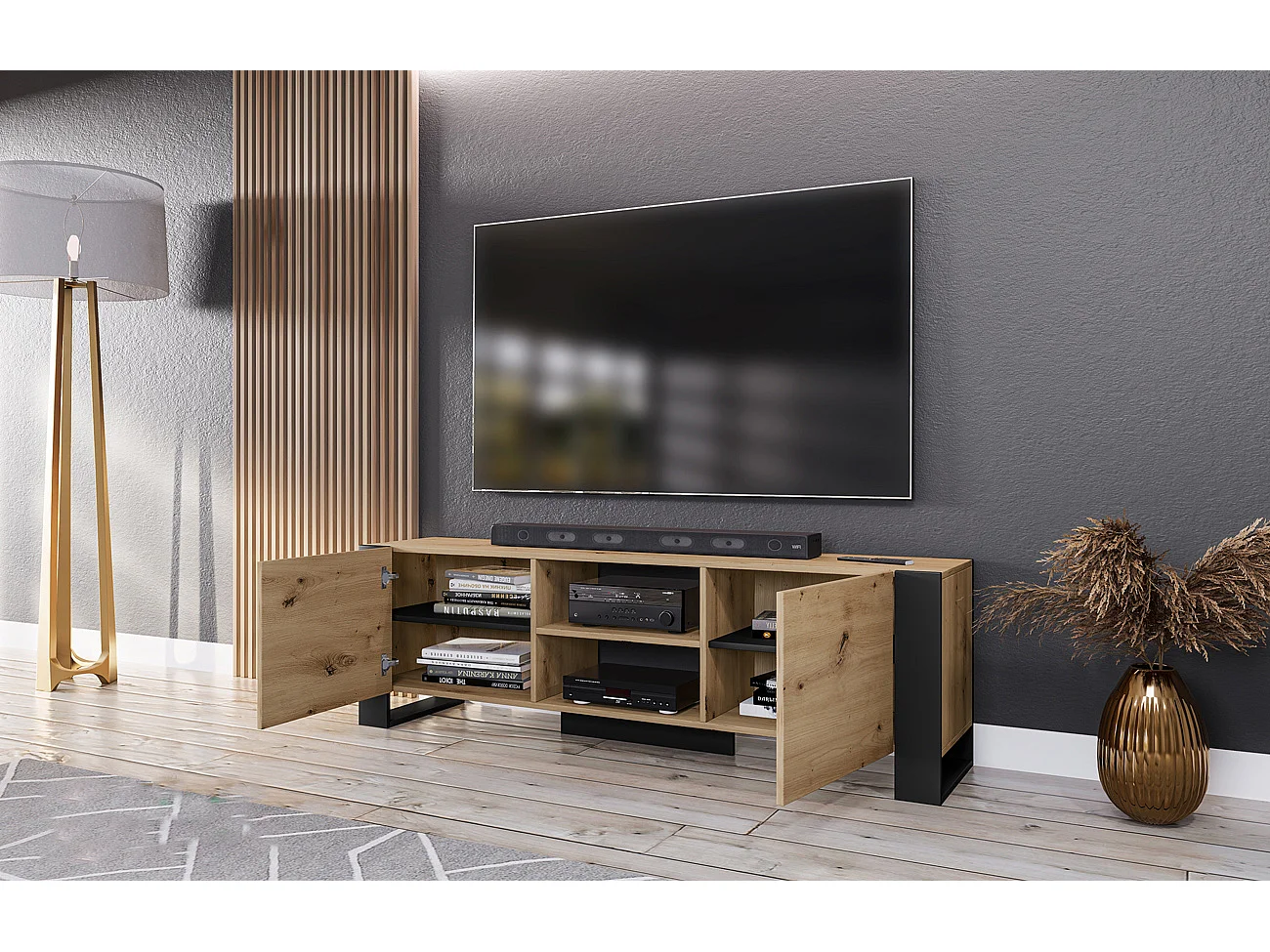 Mobile porta TV con vani a giorni design effetto legno moderno PTI12 160x51 rovere e nero